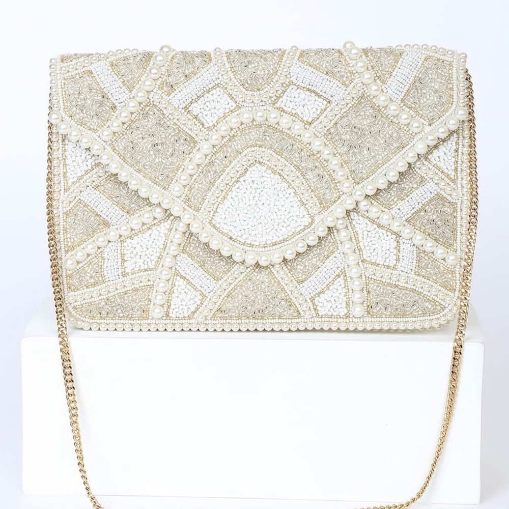 White gold multi beaded faux pearl clutch purse